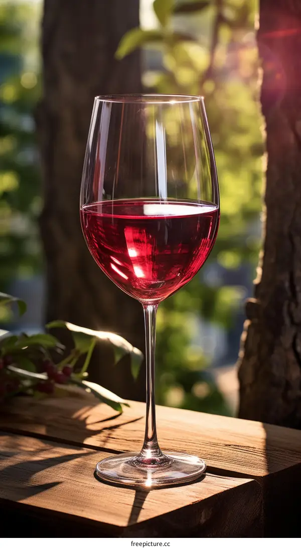 A glass of red wine on a rustic wooden table illuminated by sunlight
