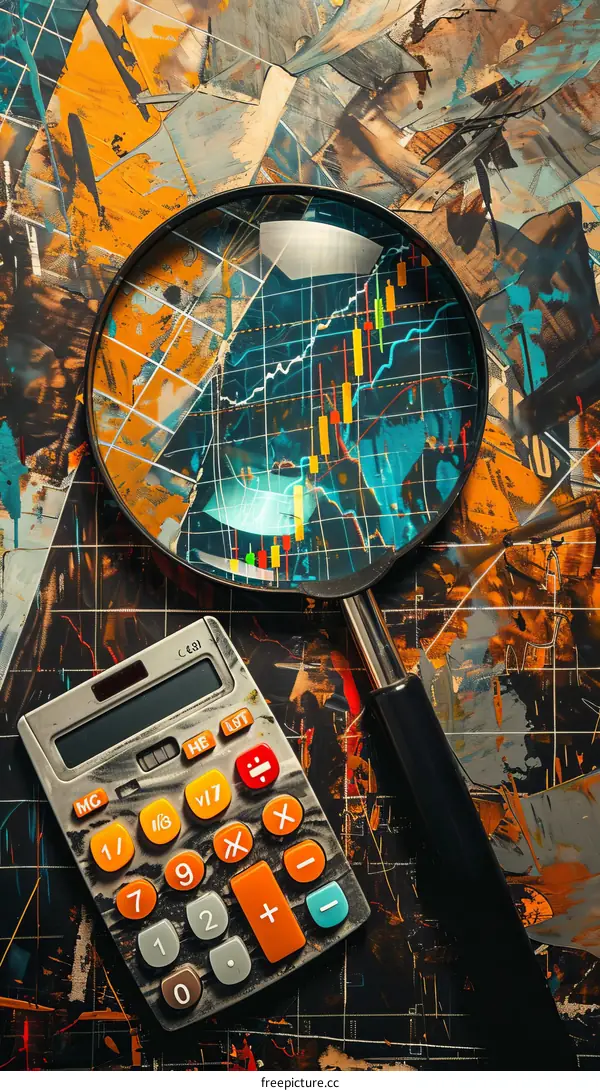 Magnifying glass and calculator over abstract background