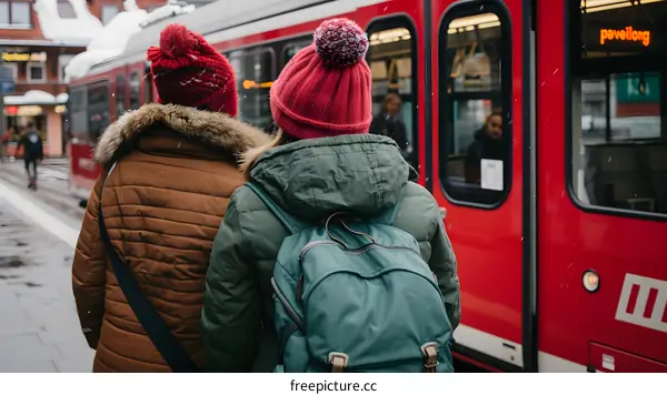 Two Women in Winter Clothing Wait for a Red Train