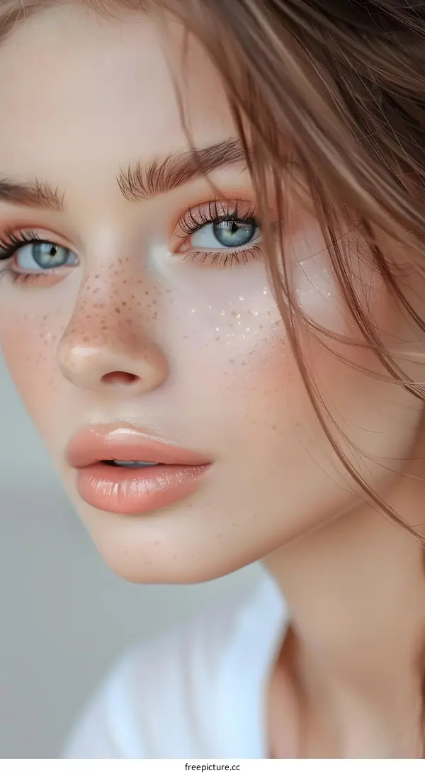 Close-up portrait of a beautiful young woman with freckles