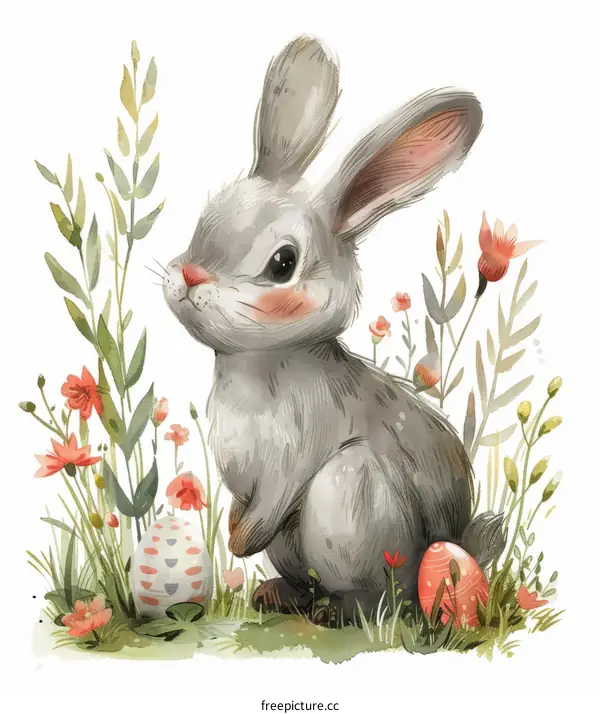 Cute bunny rabbit with Easter eggs in a meadow