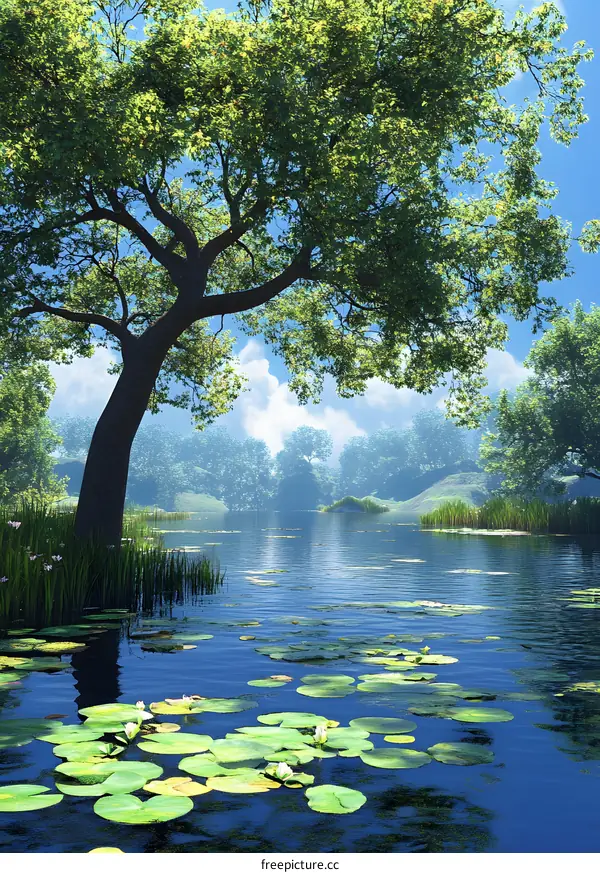 Tranquil Lake Scene with Water Lilies and Trees