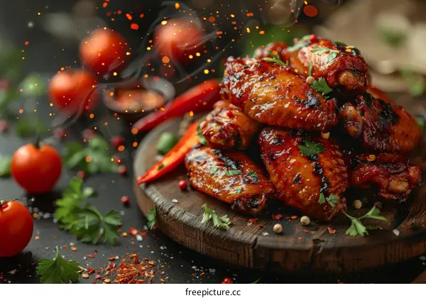 A plate of delicious looking buffalo chicken wings with tomatoes and spices