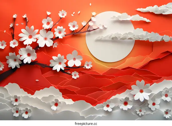 Paper flowers and sunset landscape