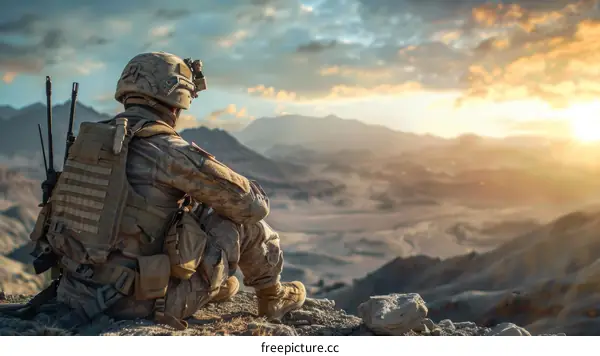 Soldier sitting on a rock in the desert watching the sunset