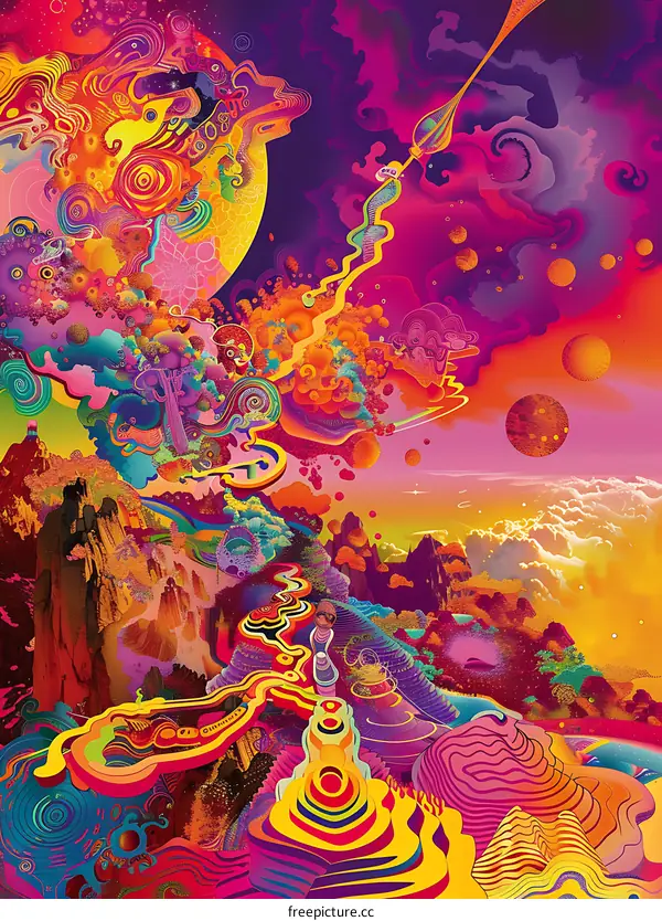 Psychedelic Abstract Art with Colorful Mountains and Spirals