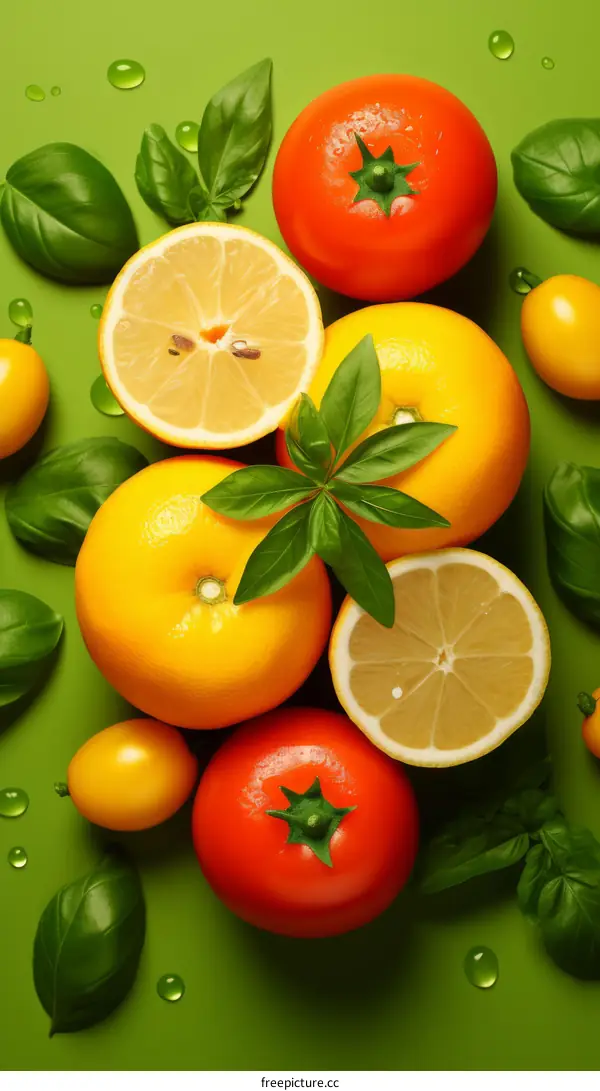 Still Life of Vibrant Citrus Fruits, Tomatoes, and Basil Leaves