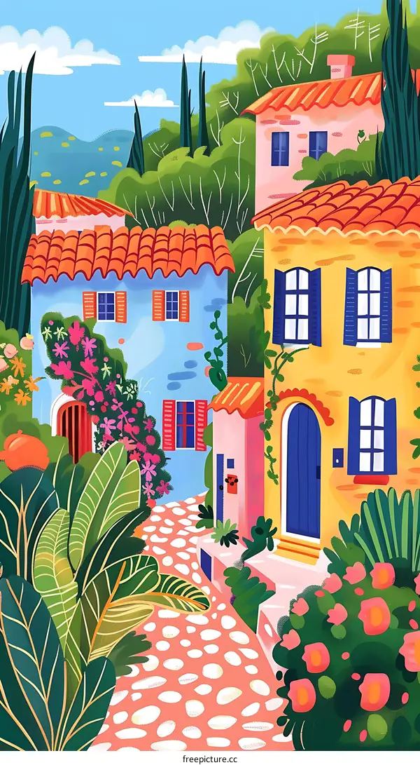 Colorful Houses in a Small Village Landscape Illustration