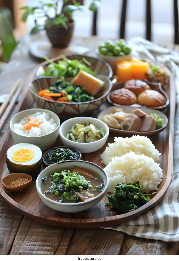 A wooden tray of Japanese breakfast
