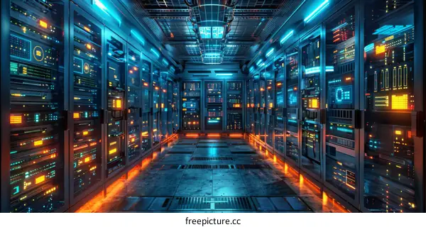 Futuristic server room with blue and orange lights