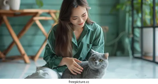 A young woman is petting a gray cat on the floor