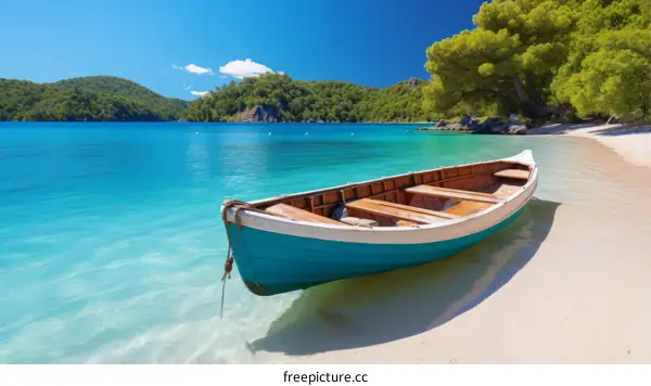 Wooden boat on a beach with crystal clear water