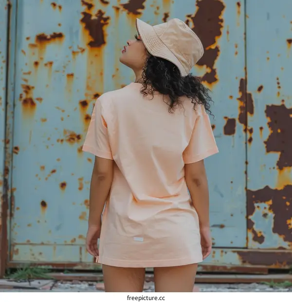 Peach T-shirt Woman Outdoors