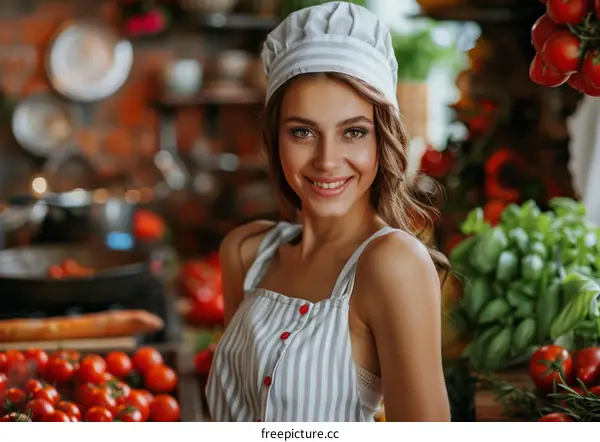 Smiling Young Woman Chef in Kitchen