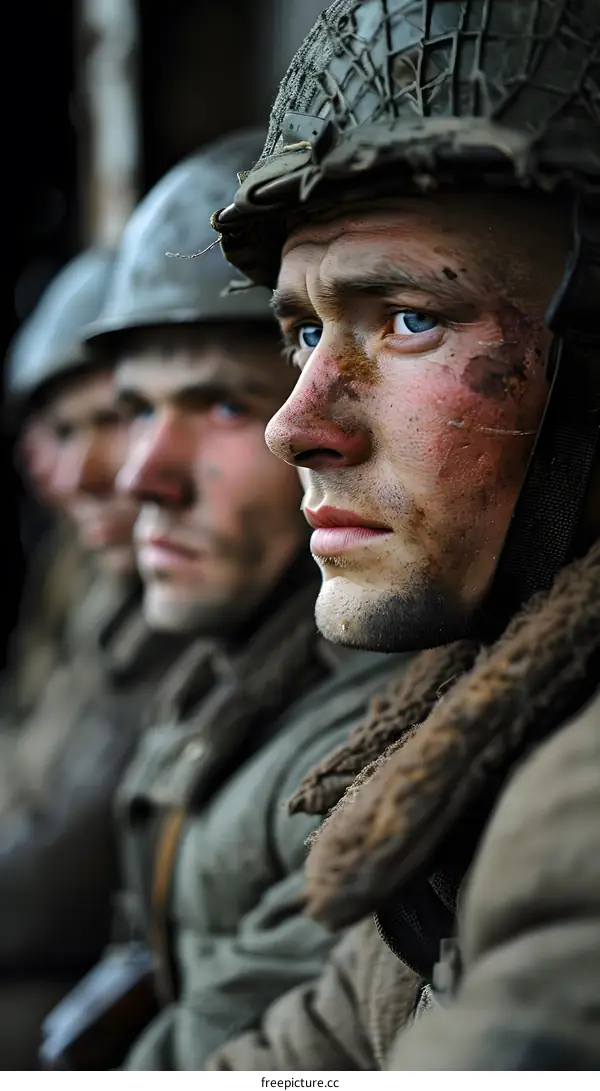 Three soldiers in a foxhole during world war two