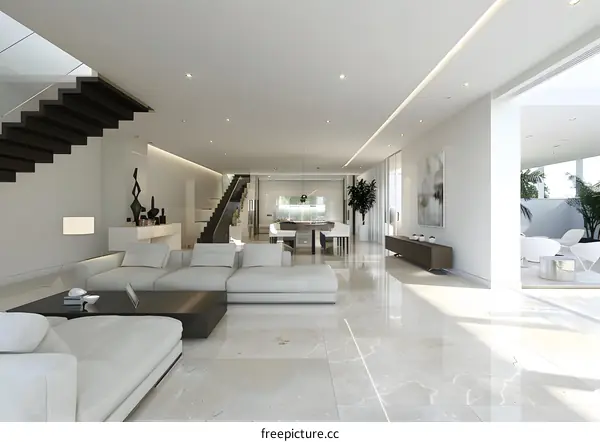 Modern Living Room Interior Design with White Walls and Beige Marble Floor