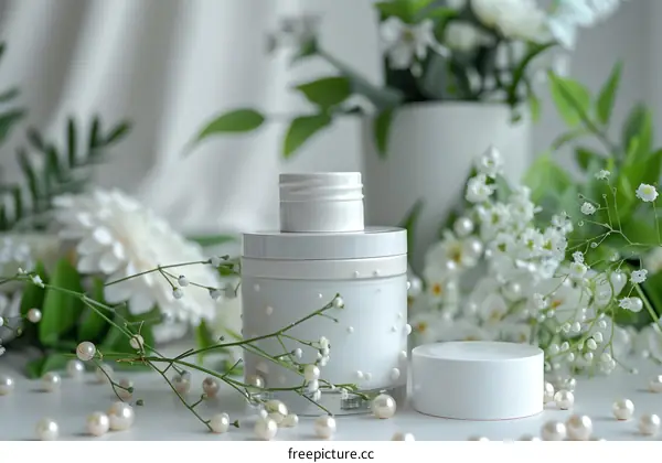 White Cosmetic Bottle with Pearls and Flowers