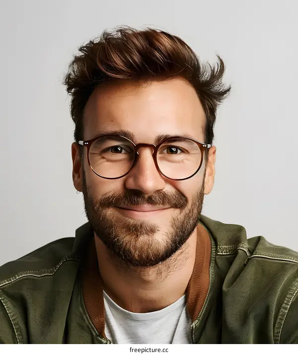Smiling Man Wearing Glasses and Green Jacket
