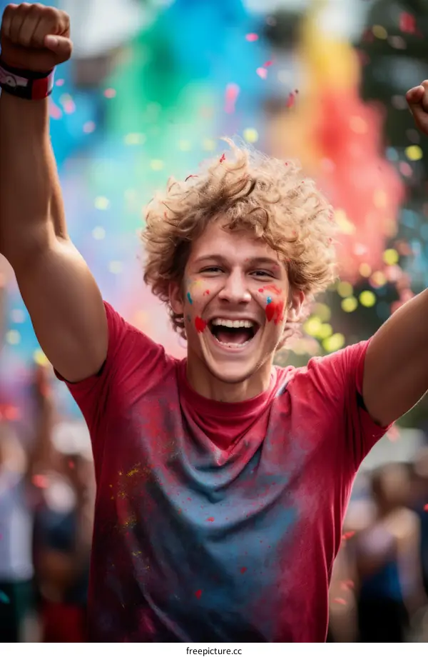 Ecstatic young man covered in colorful powder celebrating at a music festival