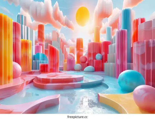 Surreal Cityscape with Pastel Colors and Geometric Shapes