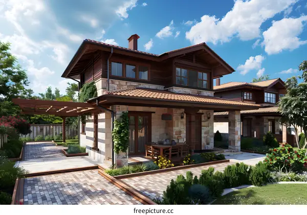 Modern Stone and Wood House with Patio and Landscaping