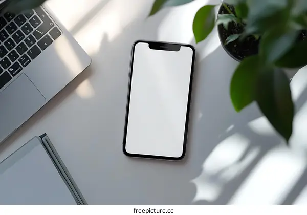 Blank Screen Phone with Laptop and Plant on White Desk