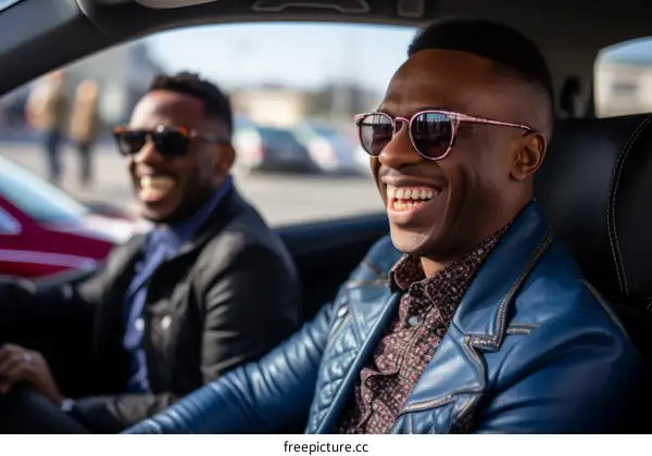 Two African American men are driving in a car and smiling.