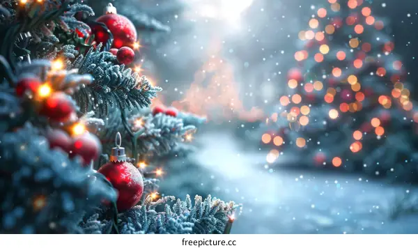 Festive Christmas Tree with Red Ornaments Covered in Snow