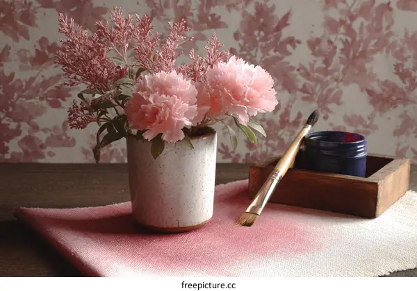 Pink Carnations in Vase with Paintbrush and Dye