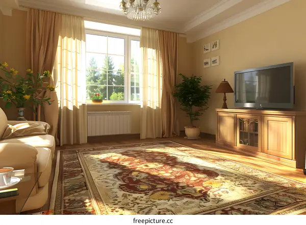 Sunlit Living Room with Oriental Rug