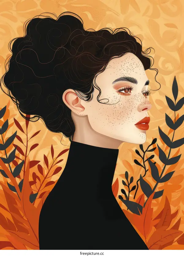 Curly Brunette Woman with Freckles and Red Lips