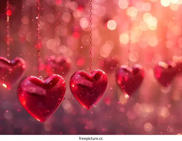 Red heart-shaped crystal pendants hanging from chains with a blurred background of red and pink lights.
