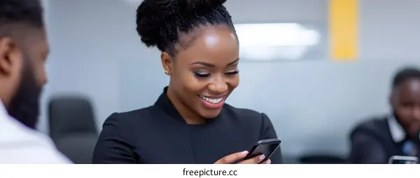 Smiling Businesswoman Using Smartphone In Office
