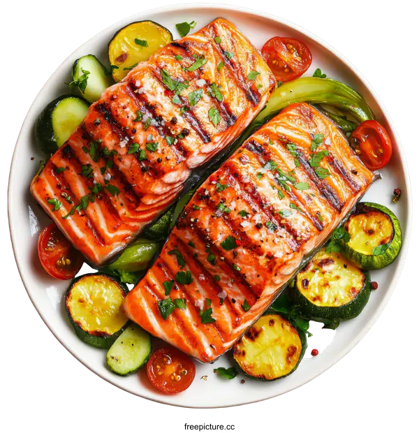 [Transparent Background PNG]Grilled Salmon with Roasted Vegetables