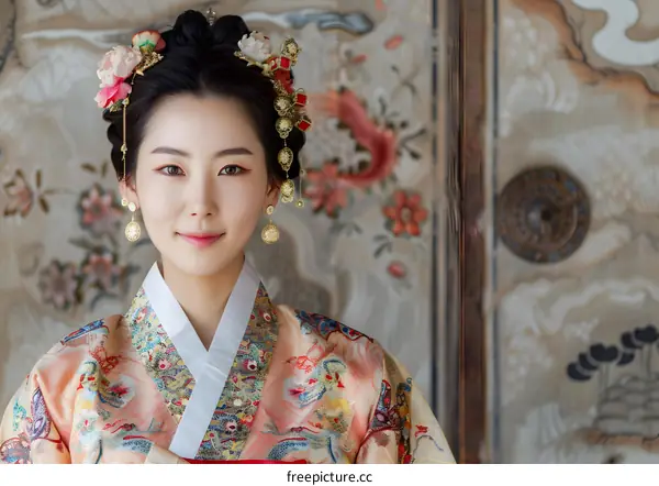 Portrait of a young woman in traditional Korean hanbok dress