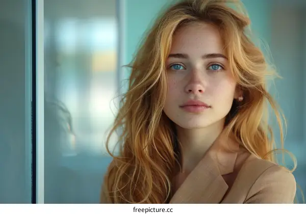 Portrait of a young redheaded woman with piercing blue eyes