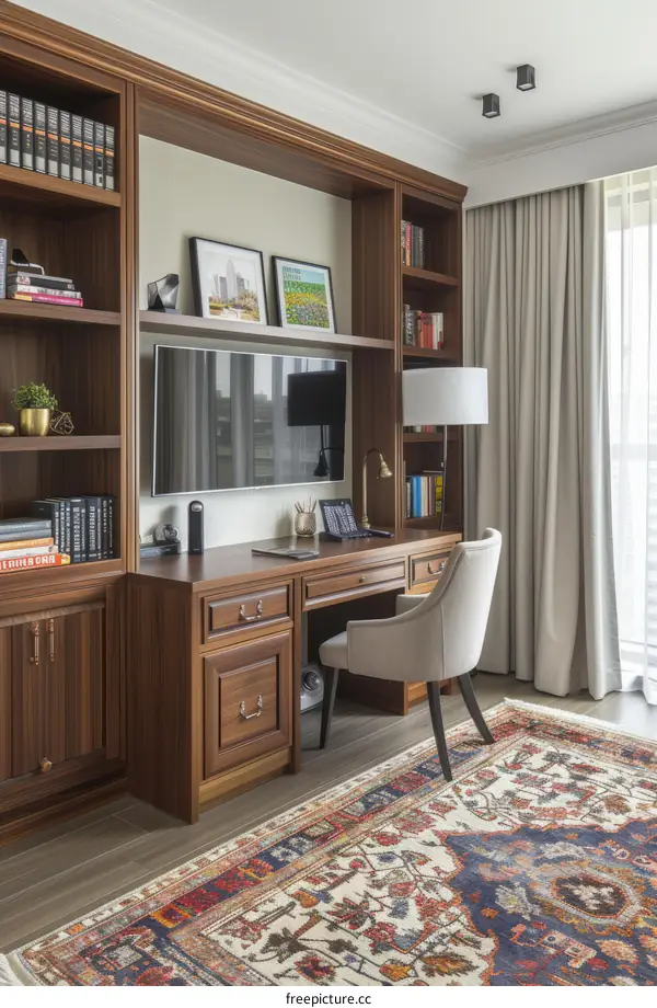 Home office with wood built-ins and a large colorful rug