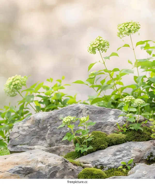 Green Plants Growing on Rocks with a Blurred Background