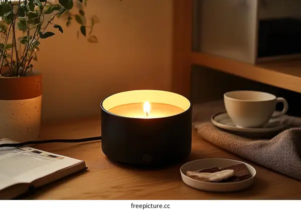Modern Candle on Wooden Table with Warm Lighting