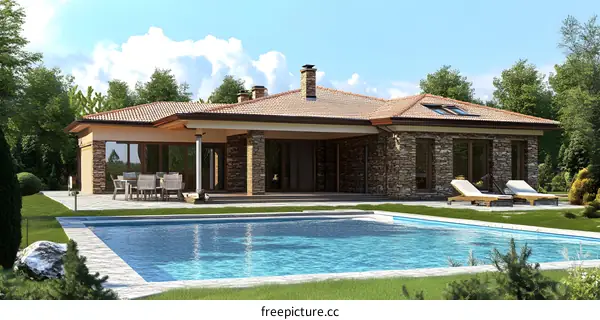 Modern Stone House with Swimming Pool in Backyard
