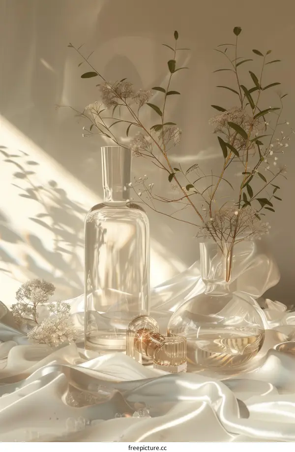 Elegant Floral Still Life with Glass Vessels