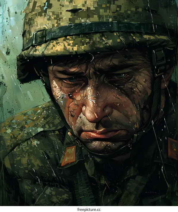 A soldier wearing a green and black camouflage helmet with a sorrowful expression on his face