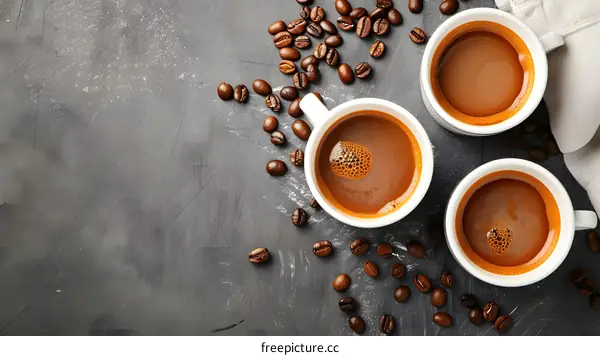 Three Cups of Coffee with Coffee Beans on Gray Background