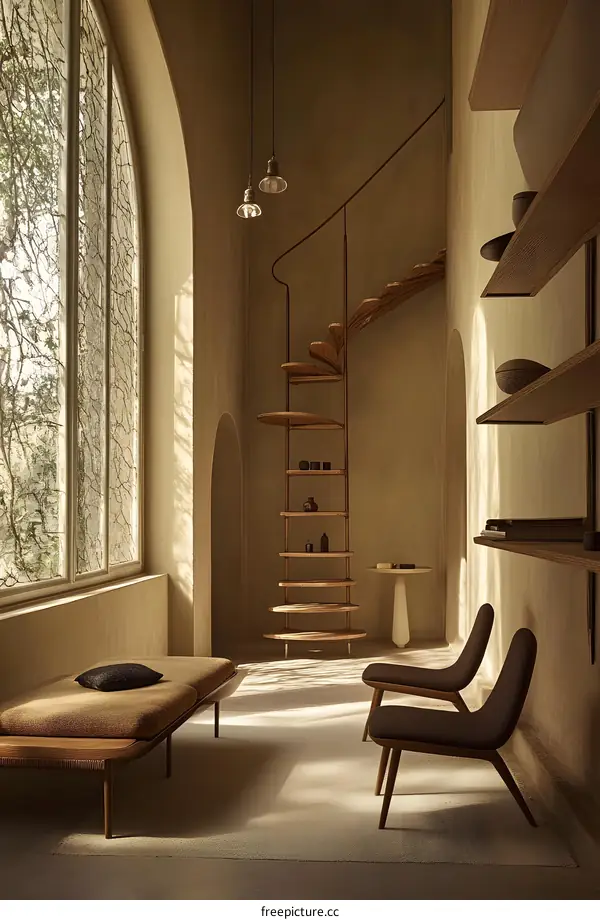 Minimalist Interior Design With Spiral Staircase And Wooden Shelving