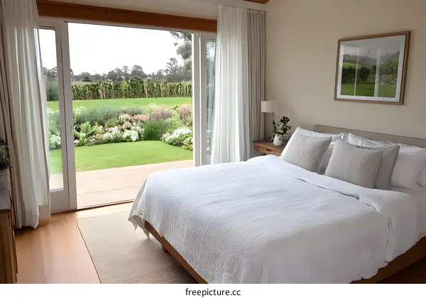 Modern Bedroom with White Bedding and Garden View