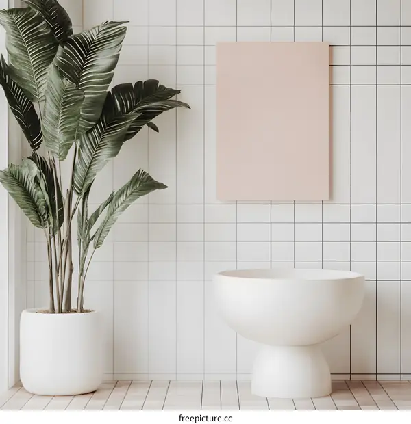 Minimalist Bathroom Interior Design with White Tub and Plant