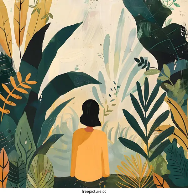 Woman Sitting in a Lush Tropical Garden