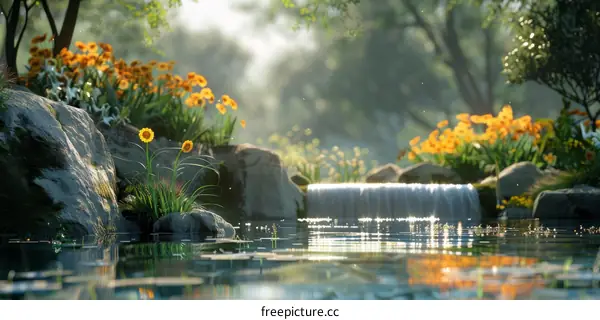 Serene Waterfall in a Lush Flower Garden