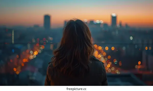 girl watching the sunset over a city