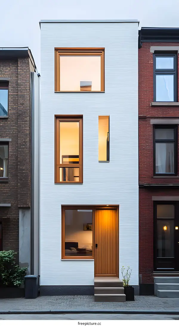 Modern Minimalist House Design with White Brick and Wooden Windows